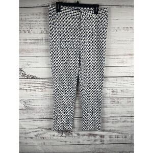 NYDJ Pants Women's 6 White Black Blue Geometric Print Slim Ankle Modern Stretch